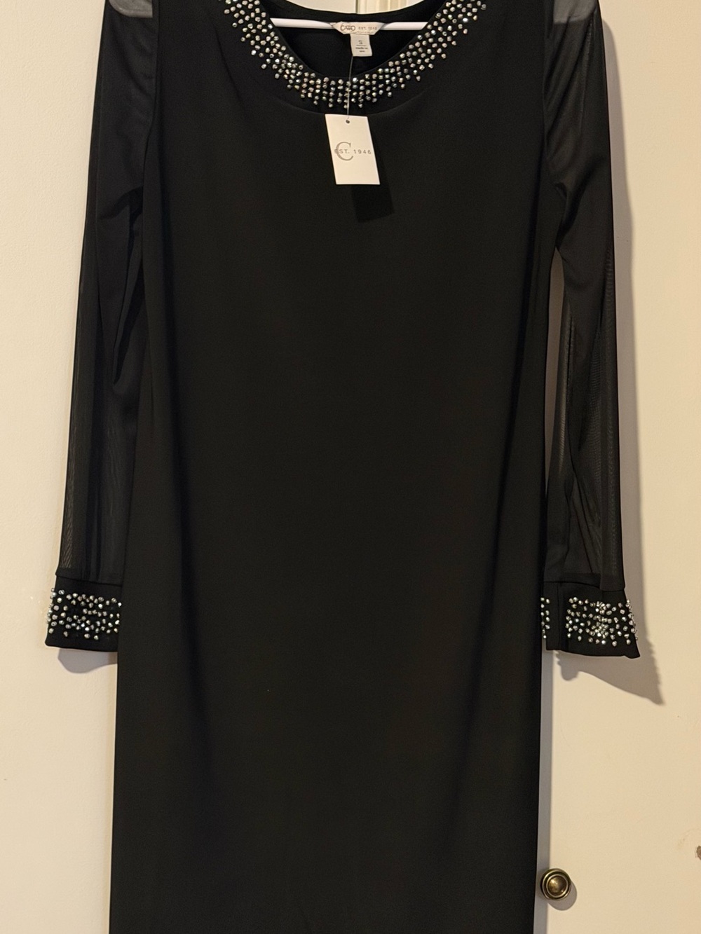 Cato Black Long-Sleeve Embellished Sheer-Sleeve Dress